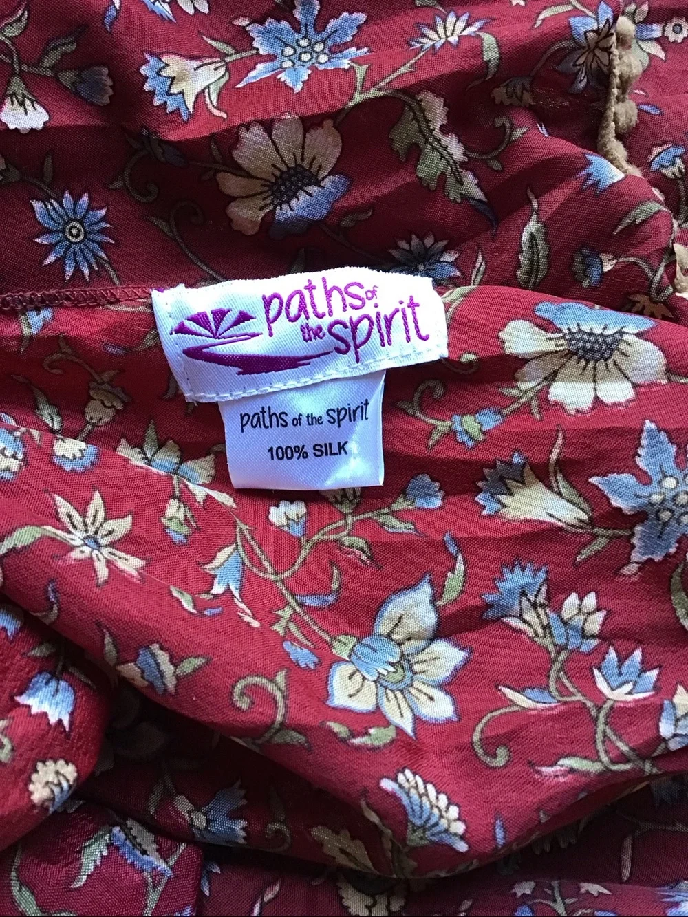Paths of the Spirit 100% Silk Floral Scarf Boho Whimsigoth Red Blue 70x19 Chic